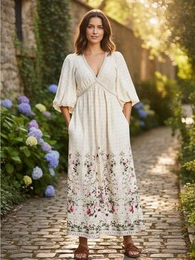 Max Studio Floral Border Maxi Dress Cotton Linen Cottagecore Garden Romantic